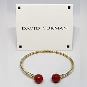 David Yurman 18k Yellow Gold Solari Red Enamel Bead Cable Cuff Bracelet Med